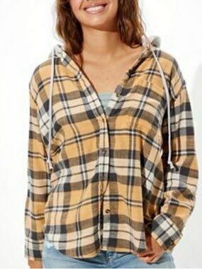 American Eagle Yellow, Black & Cream Plaid Hooded Shirt